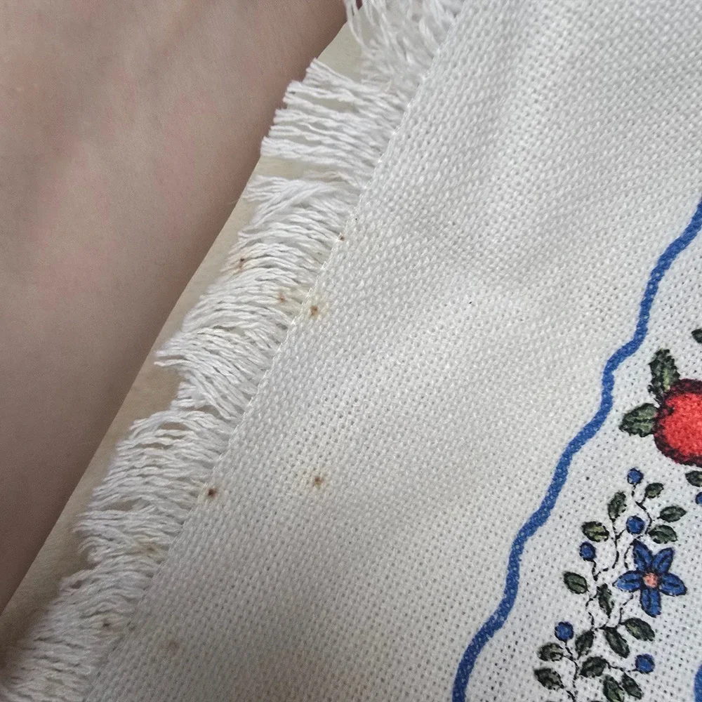 Vintage Square Table Topper‎ White Fringed Apple Blue Floral Cross Stitch 16x16
